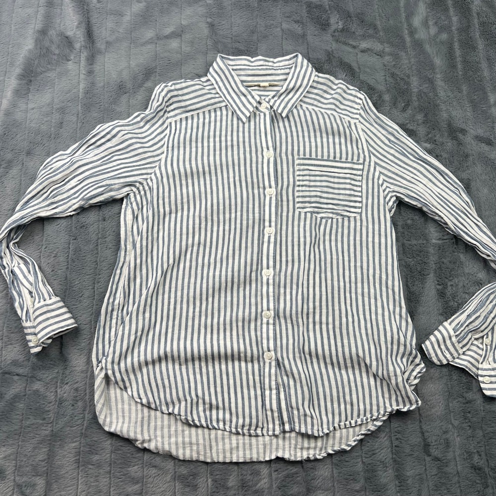 Lucky Brand Womens Blue White Striped Cotton Modal Button Down Shirt Small